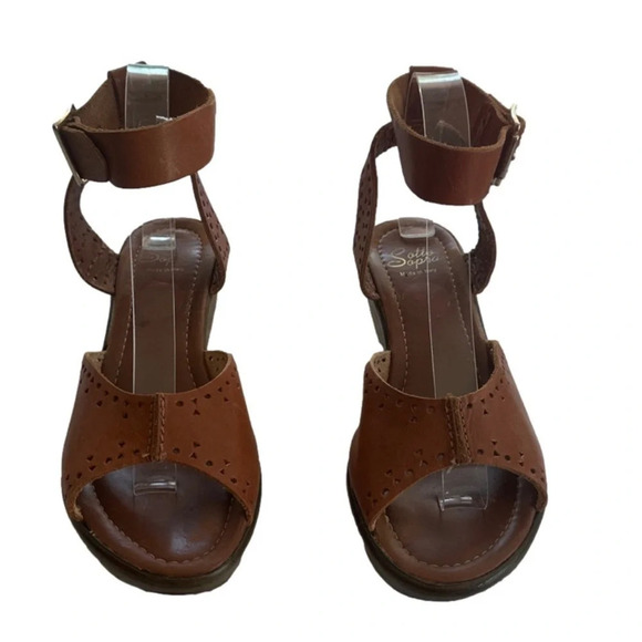 Sotto Sopra Brown Leather Perferated Wedges Open Toe Sandals Ankle buckle 7.5-8 - Picture 3 of 9